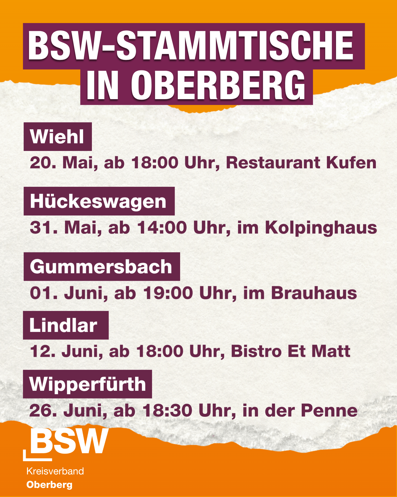 Kommende BSW Stammtische